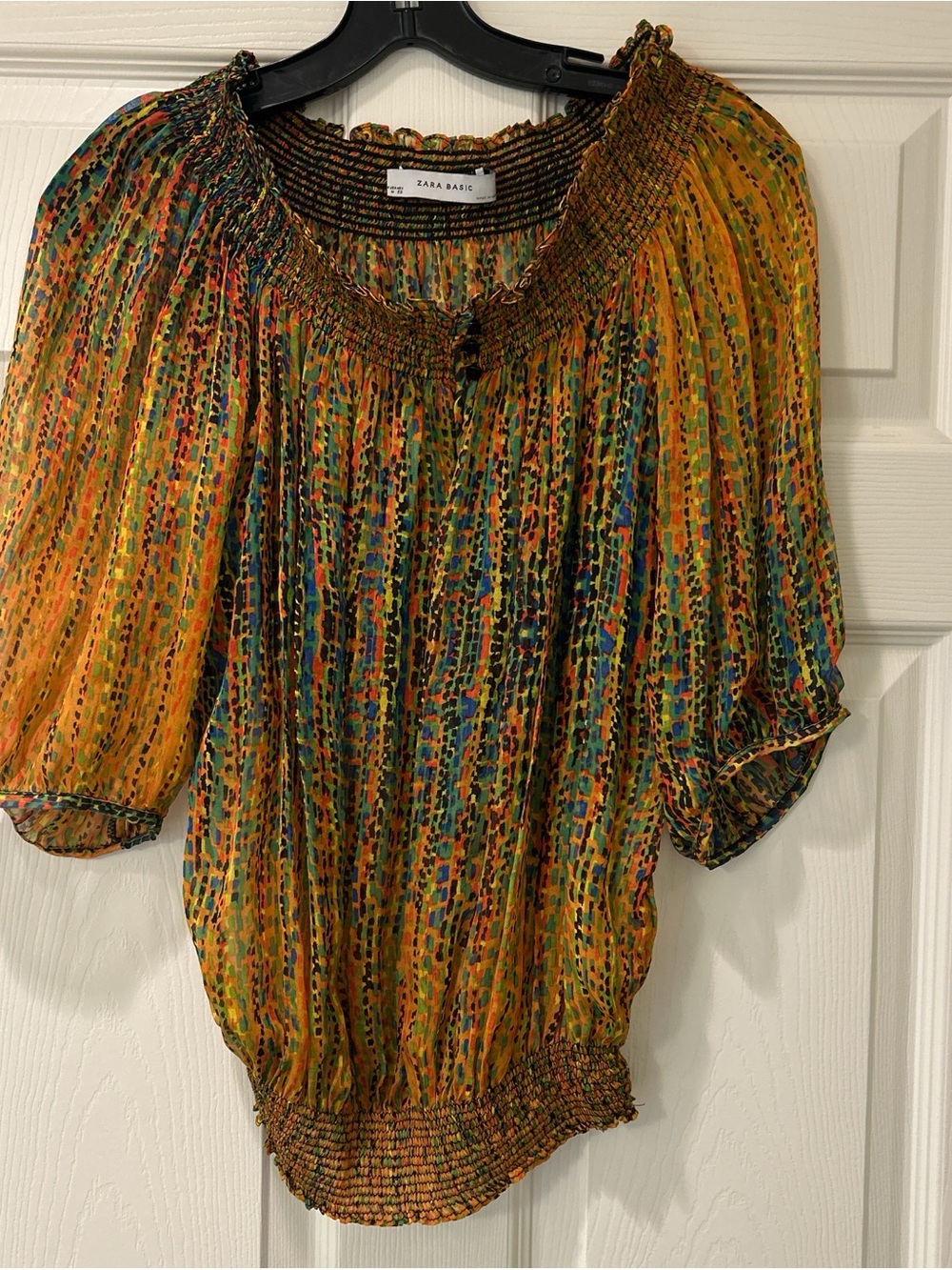 Zara Multicolor Smocked Off-Shoulder Blouse in Yellow and Green